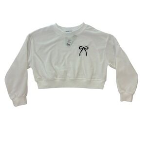 Aster Womens White Cropped Long Sleeve Sweatshirt Black Bow Size S NWT